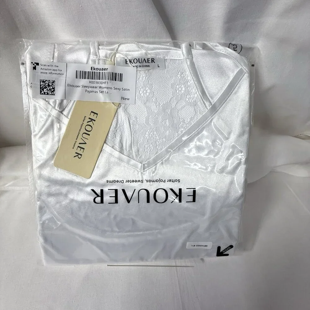 Ekouaer White Satin Pajama Set Cami and Shorts Large - Picture 4 of 5